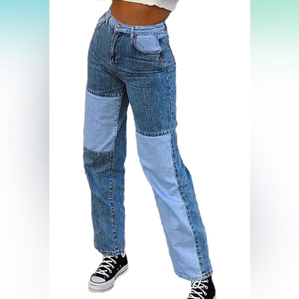 Patchwork Jeans High Waisted Straight Leg Denim Jeans - Size Medium